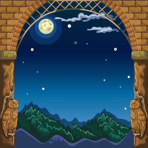 Vista através do arco do castelo de pedra na paisagem noturna pela luz da lua cheia. Esboço de cartão ou cartaz sobre o tema de férias de Halloween espírito maligno. Desenhos animados ilustração vector close-up — Vetor de Stock