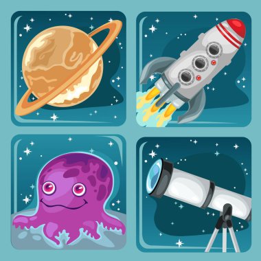 Cute poster on the theme of space exploration. Planet Saturn, flying rocket, astronomical telescope, alien purple octopus. Vector cartoon close-up illustration. clipart
