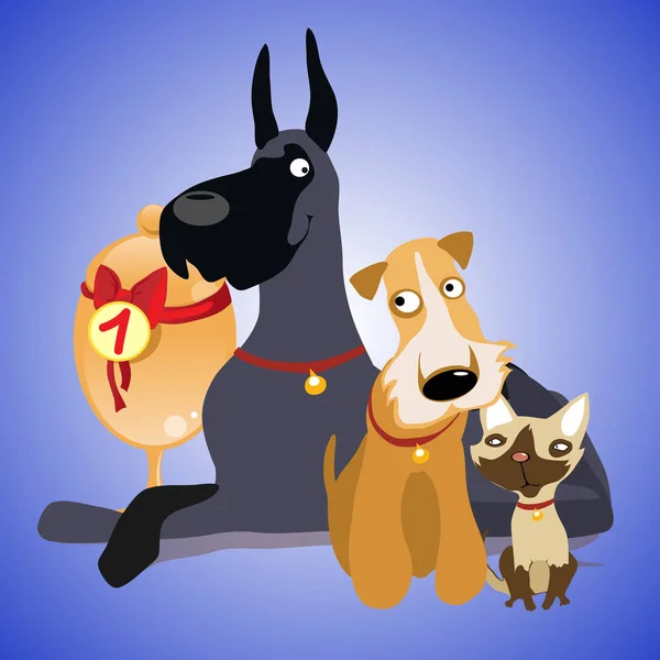 Bonito cartel con una imagen Mascotas. Exposición de perros y gatos. ilustración de primer plano de dibujos animados vectoriales . — Vector de stock