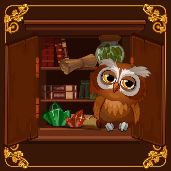 Sebuah poster dengan gambar burung hantu bijak duduk di perpustakaan rak buku dengan buku-buku tua. Ilustrasi close-up Kartun . - Stok Vektor