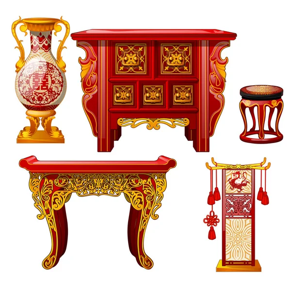 Ensemble de meubles décorés dans un style oriental isolé sur fond blanc. Vase au sol rouge, table avec ornement en or. Eléments élégants de l'intérieur oriental vintage. Illustration en gros plan de dessin animé vectoriel . — Image vectorielle