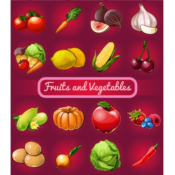 Affiche avec une image de légumes mûrs et sains et de fruits isolés sur fond rouge. Alimentation biologique saine et menu fitness. Illustration en gros plan de dessin animé vectoriel . — Image vectorielle