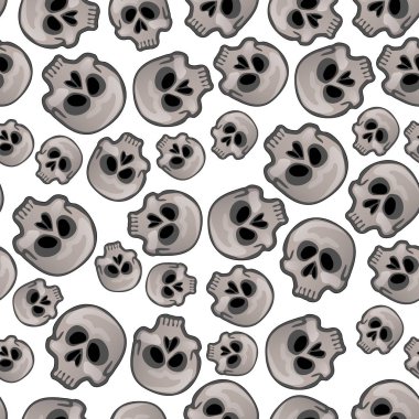 İnsan kafatası beyaz arka plan üzerinde izole doku. Kartı, kötü ruh Cadılar Bayramı, Dia de Los Muertos tatil konulu kağıt ambalaj için sorunsuz doku için kroki. Çizgi film vektör yakın çekim.