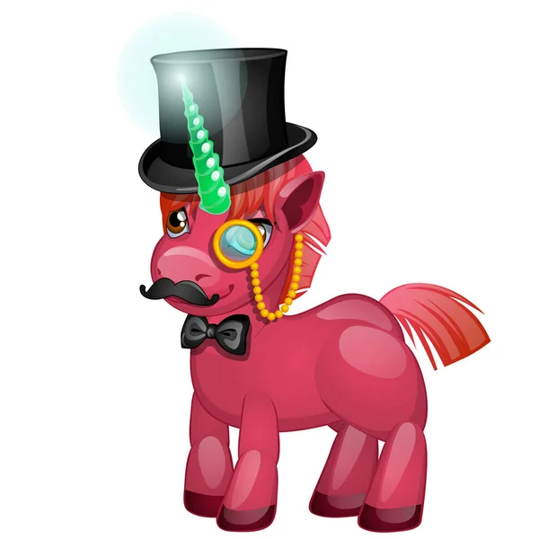 Lindo Pony Unicornio Rosa Con Cuerno Jade Verde Con Sombrero — Vector de stock