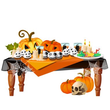 Yanan mumlar ve beyaz arka plan üzerinde izole temalı lezzetleri ile Festival tablo. Bir poster ya da kart için tüm kötü ruhları Cadılar Bayramı tatil için kroki. Vektör karikatür yakın çekim Şekil.