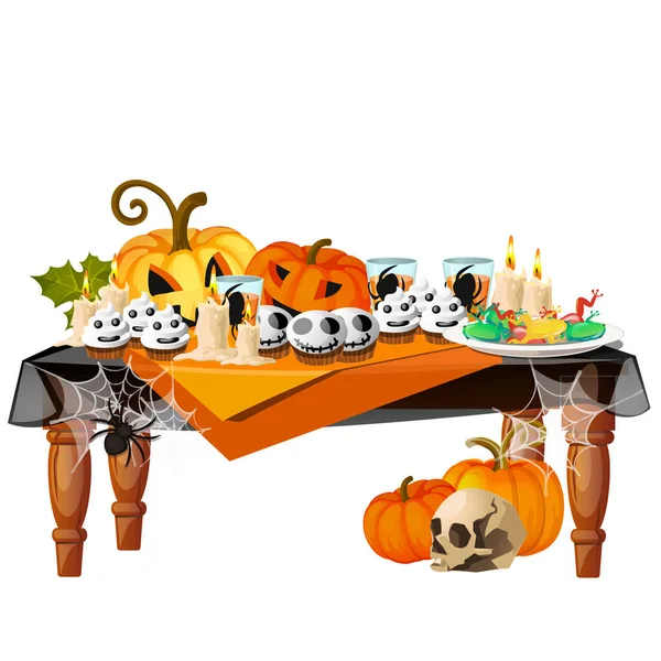 Festtafel mit brennenden Kerzen und thematischen Köstlichkeiten auf weißem Hintergrund. Skizze für ein Plakat oder eine Karte für den Feiertag aller bösen Geister zu Halloween. Vektor-Karikatur in Nahaufnahme. — Stockvektor