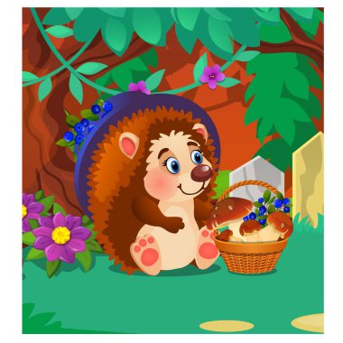 Kirpi ile olgun bir yabani çilek ve mantar. Poster, daveti tatil, bayram kartı örneği. Vektör karikatür yakın çekim Şekil.