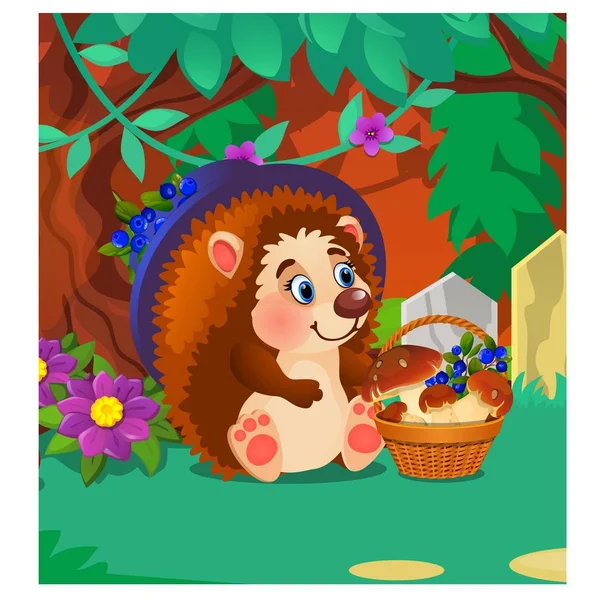 Kirpi ile olgun bir yabani çilek ve mantar. Poster, daveti tatil, bayram kartı örneği. Vektör karikatür yakın çekim Şekil.