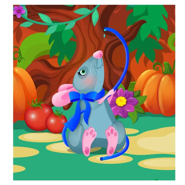 Gray animated mouse drinks water from a blue hose. Vector cartoon close-up illustration. — Stock Vector