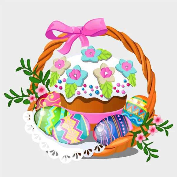 Плетеная корзина с набором красочных восточных яиц, цветов и пасхального торта изолированы на белом фоне. Векторная иллюстрация крупным планом . — стоковый вектор