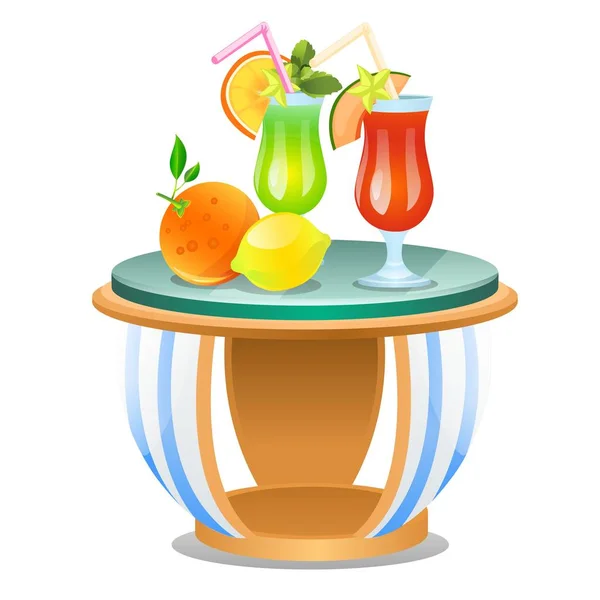 Small table with set of fresh fruit drinks isolated on white background. Vector cartoon close-up illustration. — Stock Vector