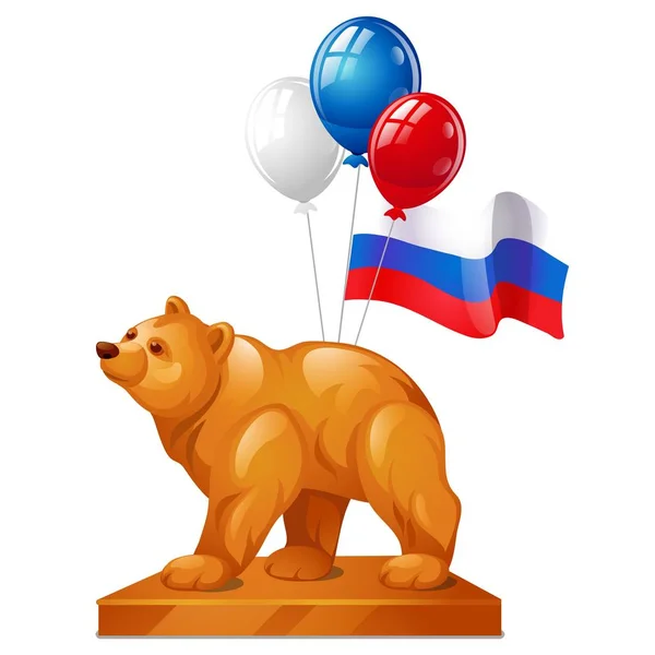Het standbeeld van de beer is een symbool van macht, kleurrijke ballonnen en de vlag van Rusland geïsoleerd op een witte achtergrond. Vectorillustratie cartoon close-up. — Stockvector