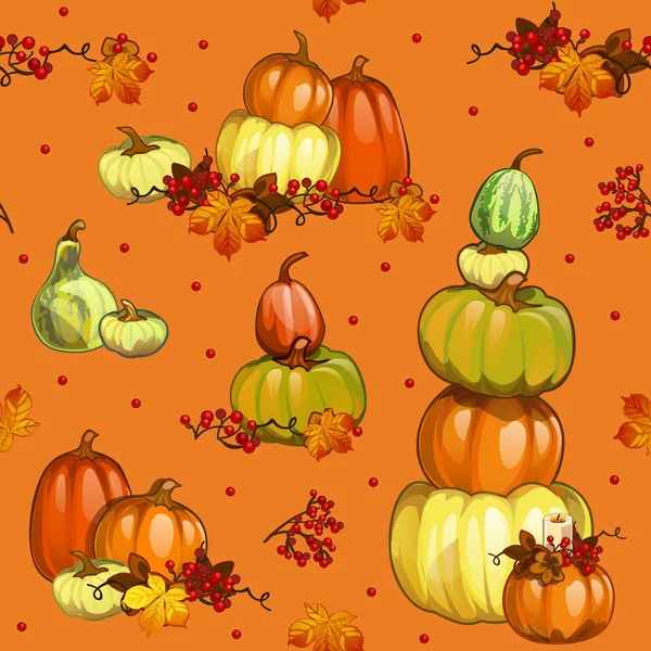 Funny seamless background with texture of ripe pumpkins on theme of the Halloween holiday party. Cute greeting card on theme of golden autumn, thanksgiving day. Cartoon vector close-up illustration. — Stock Vector