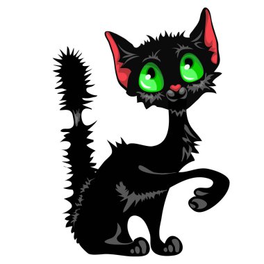 Yeşil gözleri ve uyuz kuyruklu beyaz arka plan üzerinde izole komik sinsi kara kedi. Sevimli evsiz hayvanlar. Vektör karikatür yakın çekim Şekil.