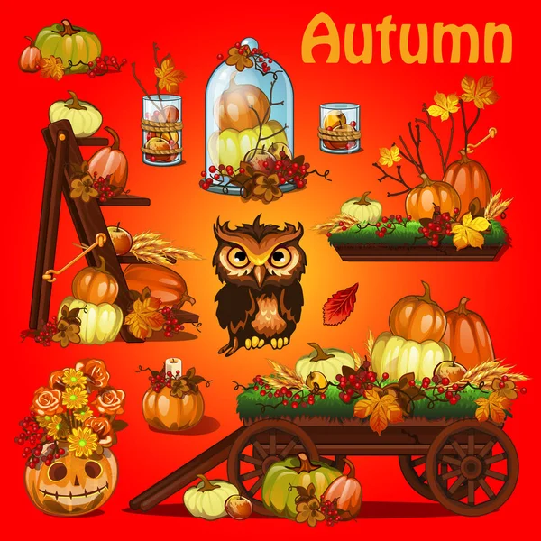 Set elementen maken een poster over het thema van Halloween vakantie feest, wenskaart op thema van gouden herfst. Omgevallen boom van de herfst bladeren, pompoen, rowan, uil, houten ladder. Cartoon vector close-up. — Stockvector