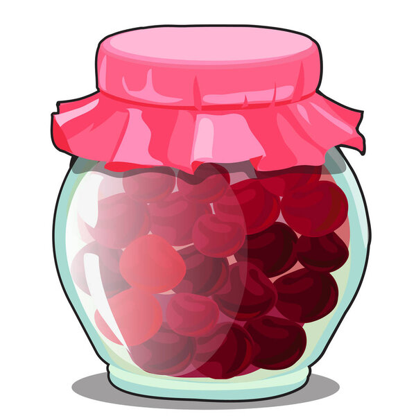 Transparent glass jar with cover of pink paper inside with dried fruits or red berries isolated on white background. Delicious food, fitness and healthy menu. Vector cartoon close-up illustration.