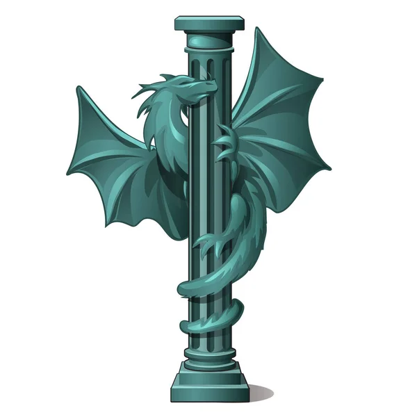 Coluna de pedra vintage decorada com a figura de um dragão alado isolado no fundo branco. Desenhos animados vetoriais ilustração close-up . —  Vetores de Stock
