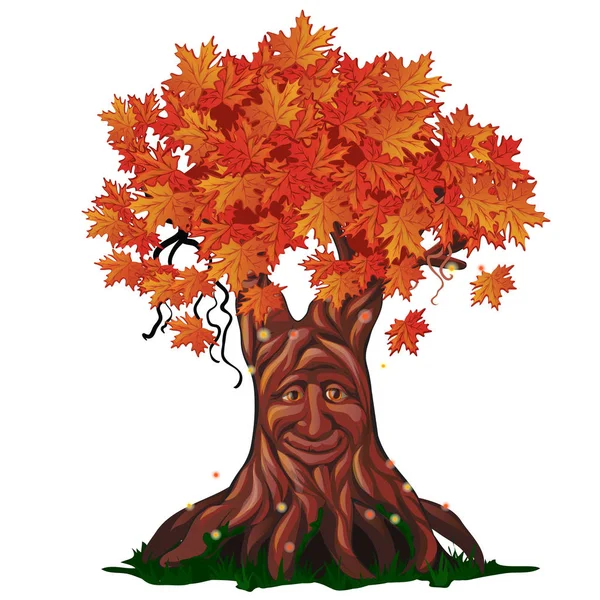 Fantasie bladverliezende boom met gezicht in de herfst geïsoleerd op een witte achtergrond. Gouden herfst in het bos betoverd. Vectorillustratie cartoon close-up. — Stockvector