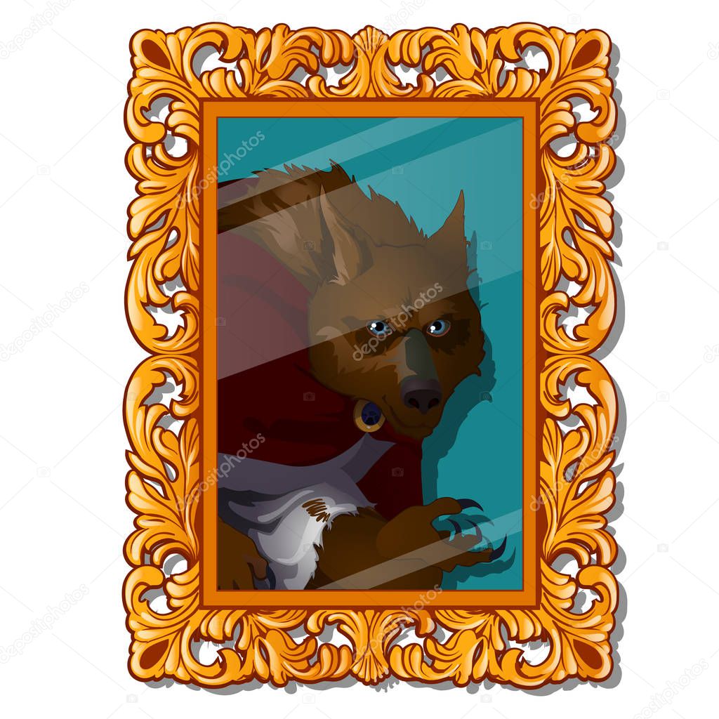 Vintage portrait with ornate florid frame with a picture of a werewolf isolated on white background. Vector cartoon close-up illustration.
