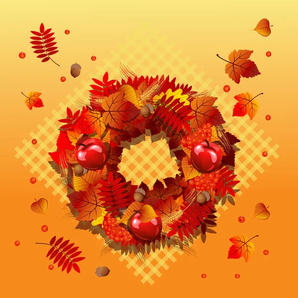 Aranyos poszter vagy üdvözlőkártya és a modern design a téma az arany ősz. Díszes hátteret a bukott őszi fa levelek a juhar, berkenye és és koszorú levelek. Vektor rajzfilm közeli illusztrációs. — Stock Vector