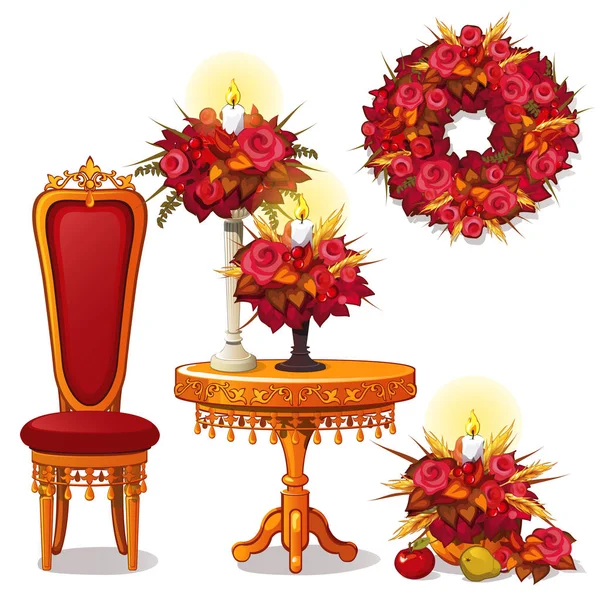 Set of vintage wooden furniture and decor on theme of autumn. Royal chair, table, luxury furniture, candle holder, flowers, wreath isolated on white background. Vector cartoon close-up illustration. — Stock Vector