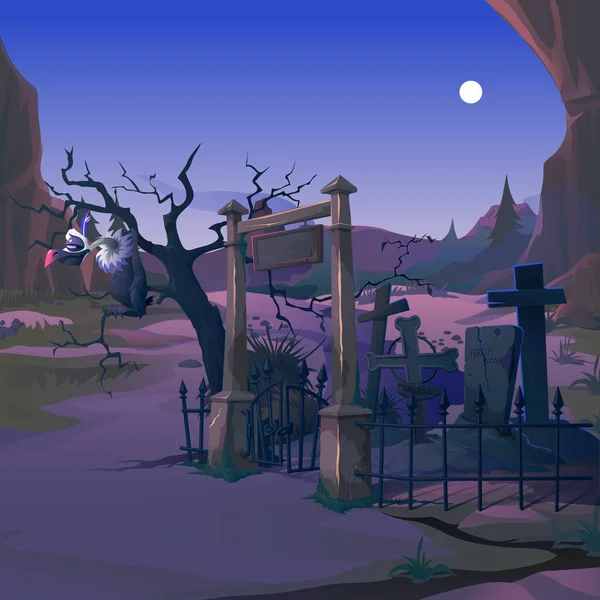 Гриф сидить на гілці Мертве дерево на старому кладовищі вночі при світлі повного місяця. Плакат на тему Хеллоуїна свято. Вектор мультфільм зйомки зблизька ілюстрація. — стоковий вектор