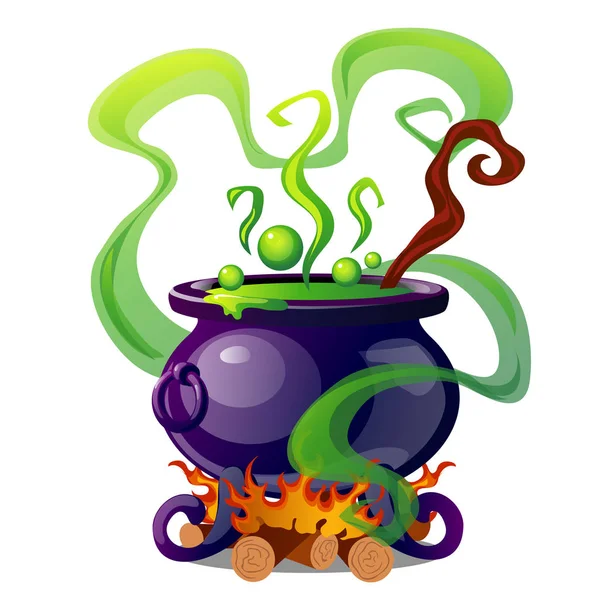 Steel cauldron with boiling green magic potion isolated on white background. Sketch for a poster or card for the holiday of all evil spirits Halloween. Vector cartoon close-up illustration. — Stock Vector