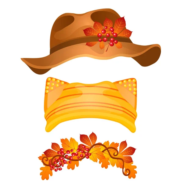 スタイリッシュな帽子、黄金色の秋の感謝祭の日の白い背景に分離されたスタイルでの髪飾りのセット。女の子らしいニットの猫耳帽子。ベクトル漫画のクローズ アップ実例. — ストックベクタ