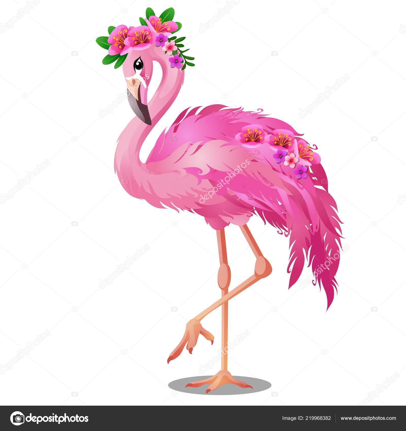 Beautiful bird pink flamingo with flowers isolated on white background.  Vector cartoon close-up illustration. Stock Vector by ©Anton_Lunkov  219968382, image size:1600x1700