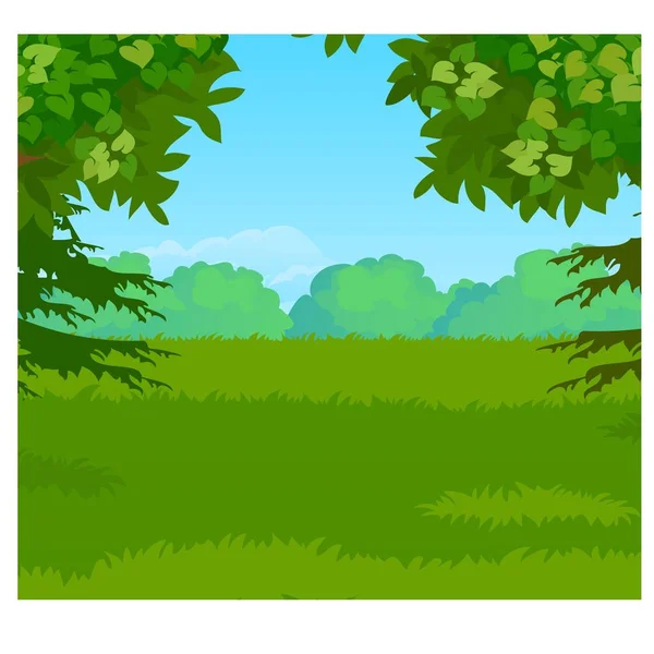 Landschap met bos aan de horizon en het groene gras weide. Vectorillustratie cartoon close-up. — Stockvector