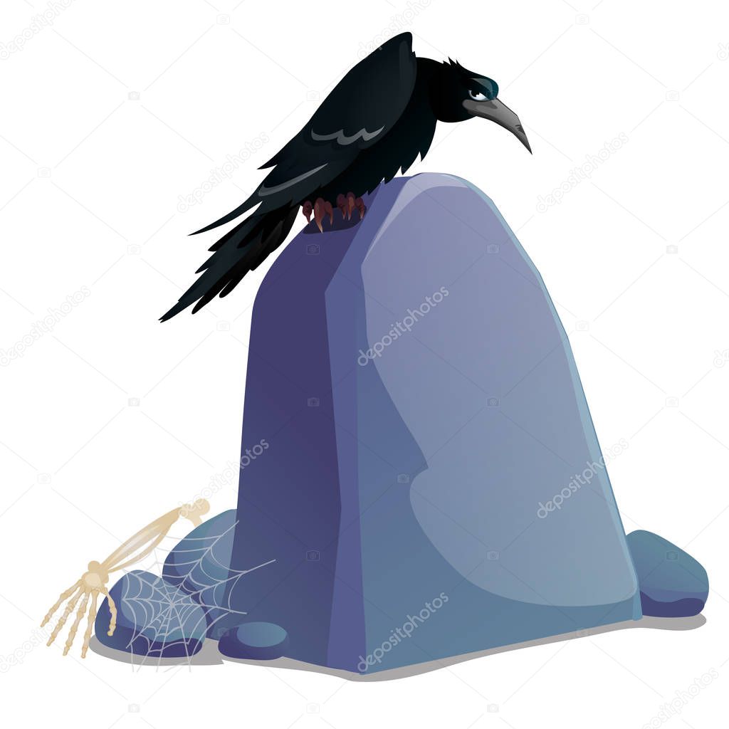 Black crow sitting on grave stone plate with blank surface and space for your text isolated on white background. Sketch for poster or card for holiday of all evil spirits Halloween. Vector cartoon.