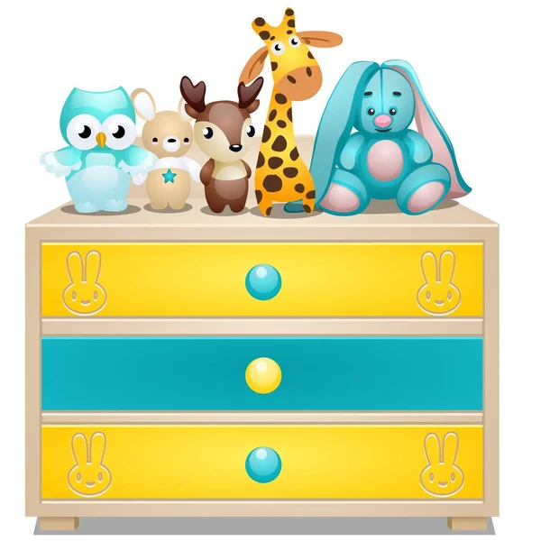 Cômoda infantil com brinquedos de pelúcia isolados sobre fundo branco. Desenhos animados vetoriais ilustração close-up . —  Vetores de Stock