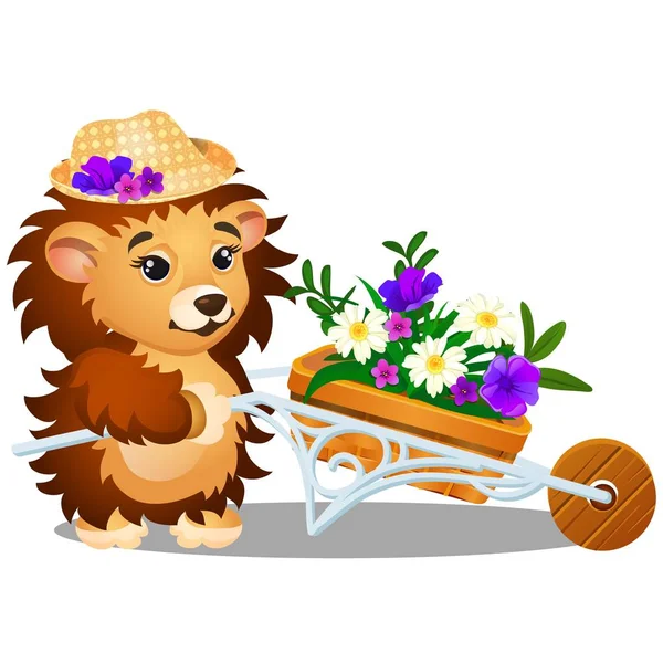 Fluffy hedgehog in the garden carries a wheelbarrow of fresh flowers isolated on white background. Vector cartoon close-up illustration. — Stock Vector