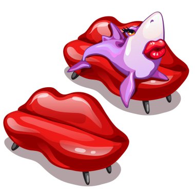 Arkadaşlığını köpekbalığı dudaklar kadın şeklinde deri kanepede yatıyor. Vektör çizim.