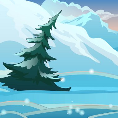 Tek bükülmüş Ladin arka planda açık soğuk bir sabah günü kar. Noel ve yılbaşı tebrik kartı, Festival poster ya da parti davetiyeler için kroki. Vektör çizim.