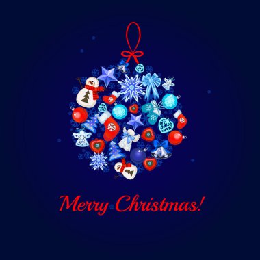 Noel ağacı süsleme topa mavi bir arka plan ve kelime mutlu Noeller. Örnek poster, yeni yıl eğlencesi daveti ve diğer kartlar. Vektör çizim.