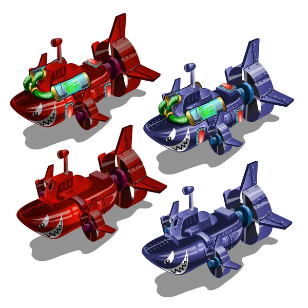 Zestaw okrętów podwodnych w stylu wielobarwne toothy ryb na białym tle. Ilustracja wektorowa. — Wektor stockowy