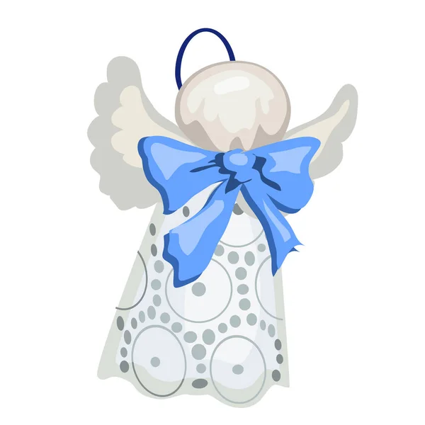 Christmas toy in the form of a figurine of an angel made of cloth with a blue bow isolated on white background. Vector illustration. — Stock Vector