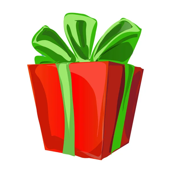 De doos van de gift met een groene bowknot met verpakt rode papierkleur geïsoleerd op een witte achtergrond. Vectorillustratie cartoon close-up. — Stockvector