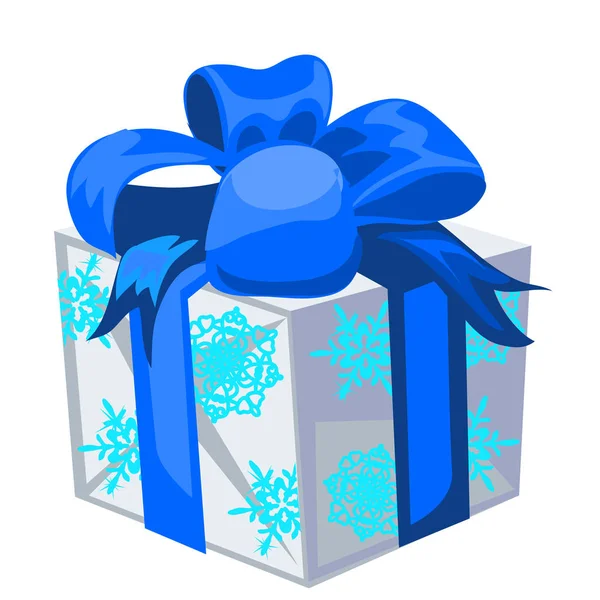 De doos van de gift met een blauwe bowknot met gewikkeld papier met de structuur van de sneeuwvlokken geïsoleerd op een witte achtergrond. Vectorillustratie. — Stockvector