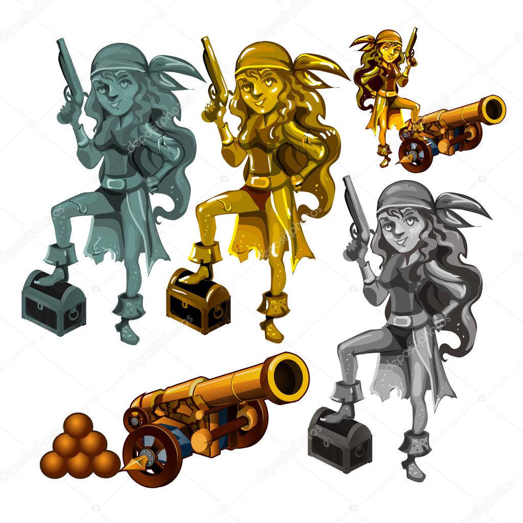 A set of statues of a girl pirate made of stone and gold isolated on a white background. A cannon with cannonballs. Vector illustration.