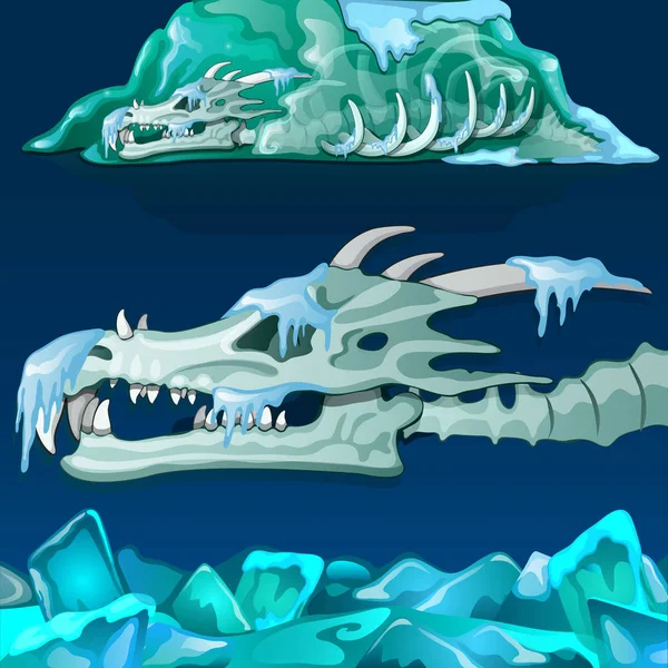 Crânio coberto de neve de dragão isolado em fundo azul. Ilustração vetorial . — Vetor de Stock