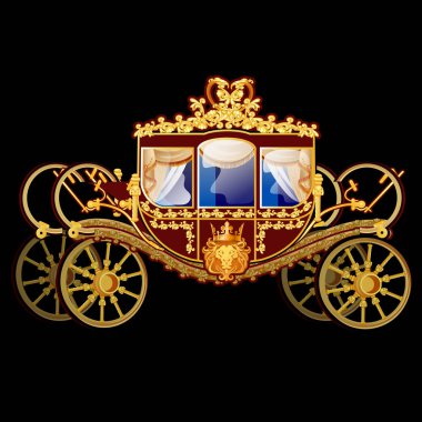 Vintage horse carriage with golden florid ornament isolated on a black background. Vector illustration. clipart
