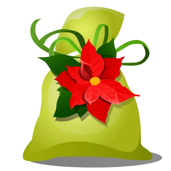 Zielona torba prezent na Boże Narodzenie lub nowy rok z czerwonych kwiatów poinsecji i zielone wstążki na białym tle na białym tle. Wektor zbliżenie ilustracja kreskówka. — Wektor stockowy