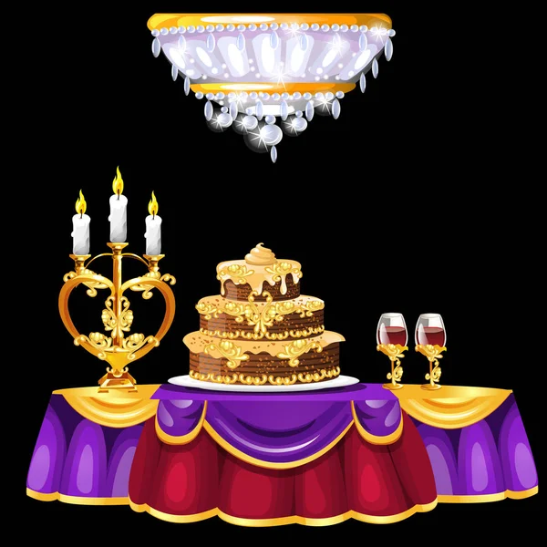 Slavnostní stůl s luxusní dort, sklenice vína a zlatý svícen. Retro jídelna interiér izolované na černém pozadí. Vektorové ilustrace. — Stockový vektor