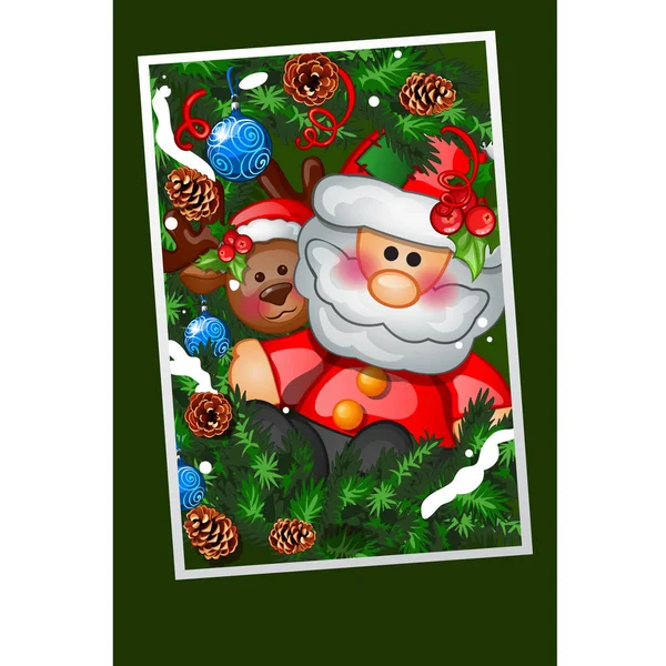 Glad leksak jultomten med fir grenar inredda med festliga bollar. Prov av affischen, inbjudan och andra kort. Vektorillustration. — Stock vektor