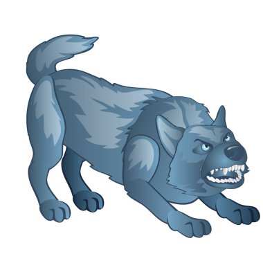 Kızgın gri köpek dişlerini bares. Beyaz arka plan üzerinde izole animasyonlu kurt adam. Vektör karikatür yakın çekim Şekil.