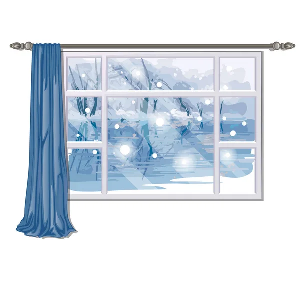 La ventana con vistas al río bosque en invierno aislado sobre fondo blanco. Casa de campo de lujo de diseño de interiores. Ilustración vectorial . — Vector de stock