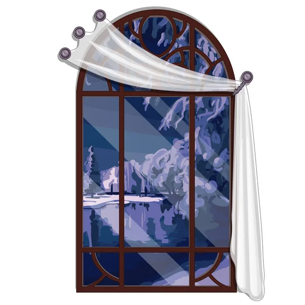 La ventana con vistas al río bosque en la noche de invierno aislado sobre fondo blanco. Casa de campo de lujo de diseño de interiores. Ilustración vectorial . — Vector de stock