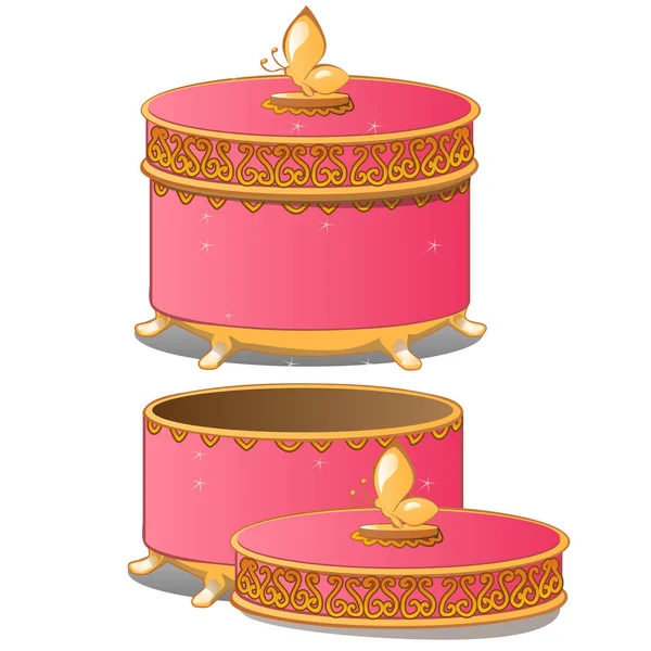 Conjunto de caixas de presente ornamentadas redondas fechadas e abertas com tampas cor-de-rosa isoladas sobre fundo branco. Ilustração vetorial . —  Vetores de Stock
